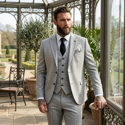 Men's Grey Check 3 Piece Tailored Fit Suit by TruClothing