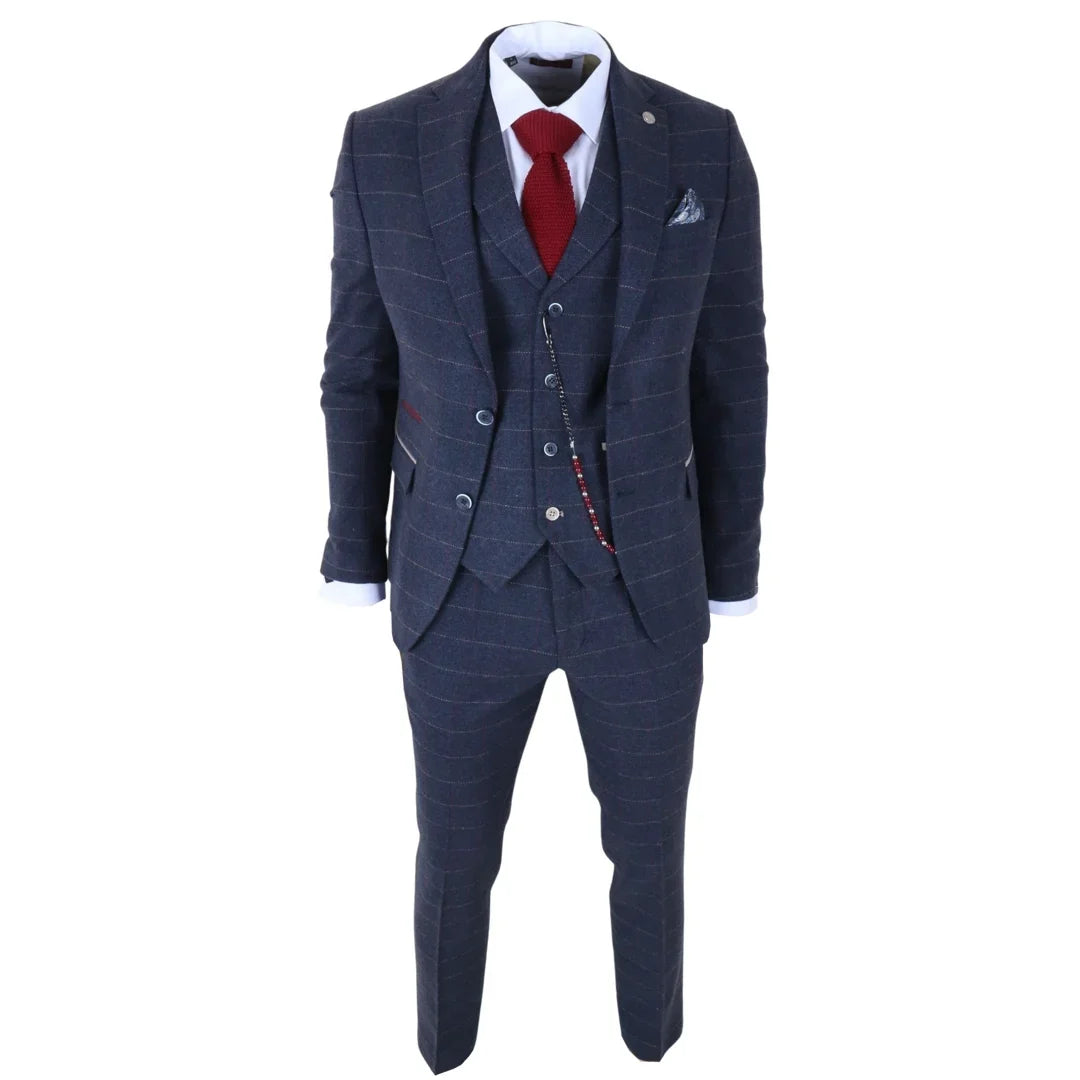 Men's Navy Blue 3 Piece Wool Blend Tweed Suit by TruClothing