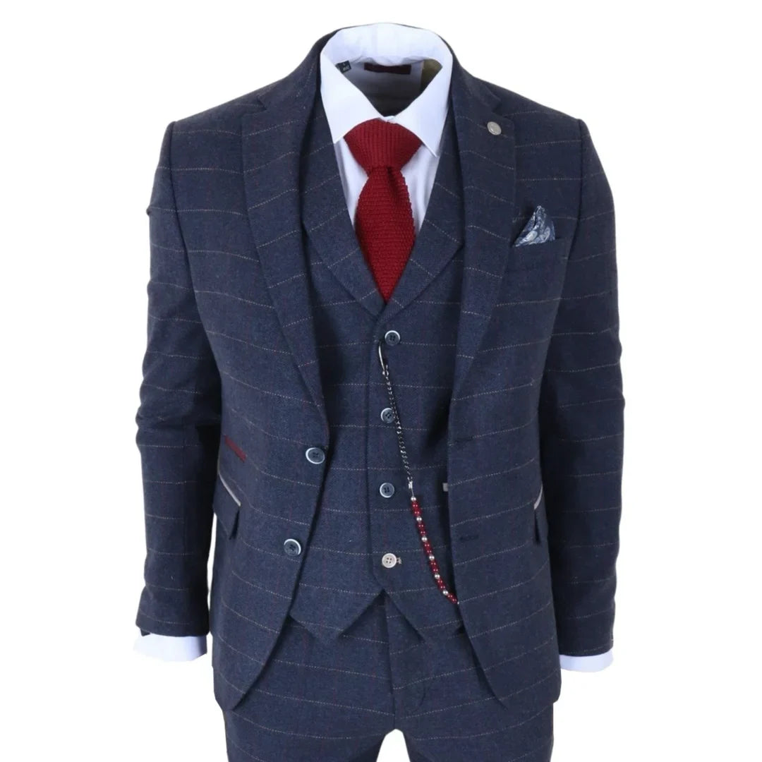 Men's Navy Blue 3 Piece Wool Blend Tweed Suit by TruClothing