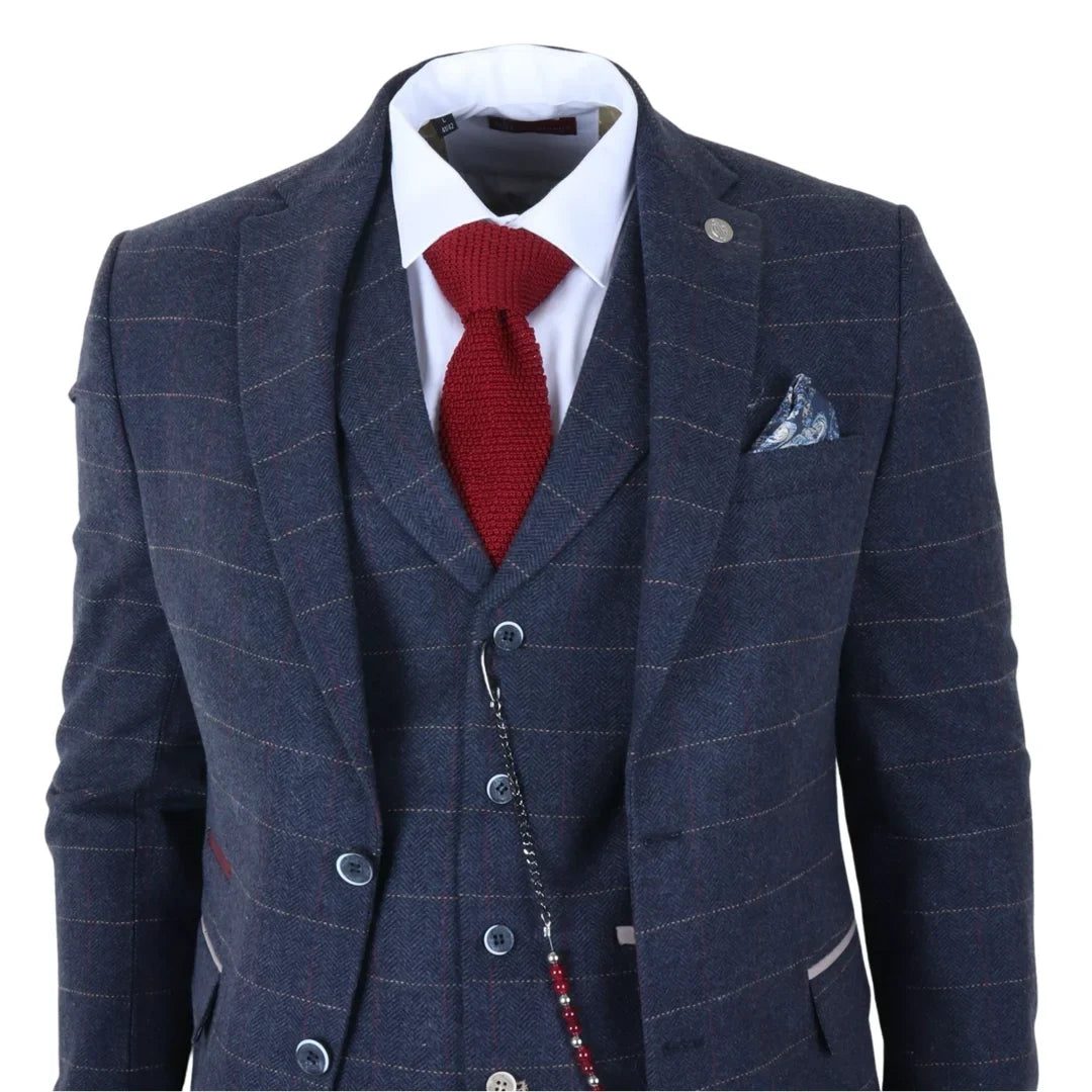 Men's Navy Blue 3 Piece Wool Blend Tweed Suit by TruClothing