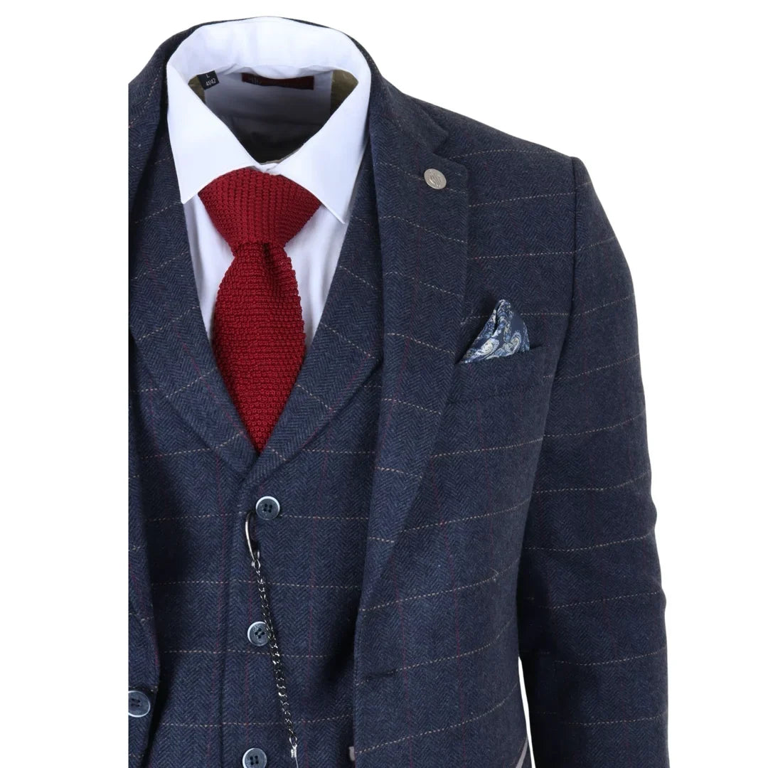 Men's Navy Blue 3 Piece Wool Blend Tweed Suit by TruClothing