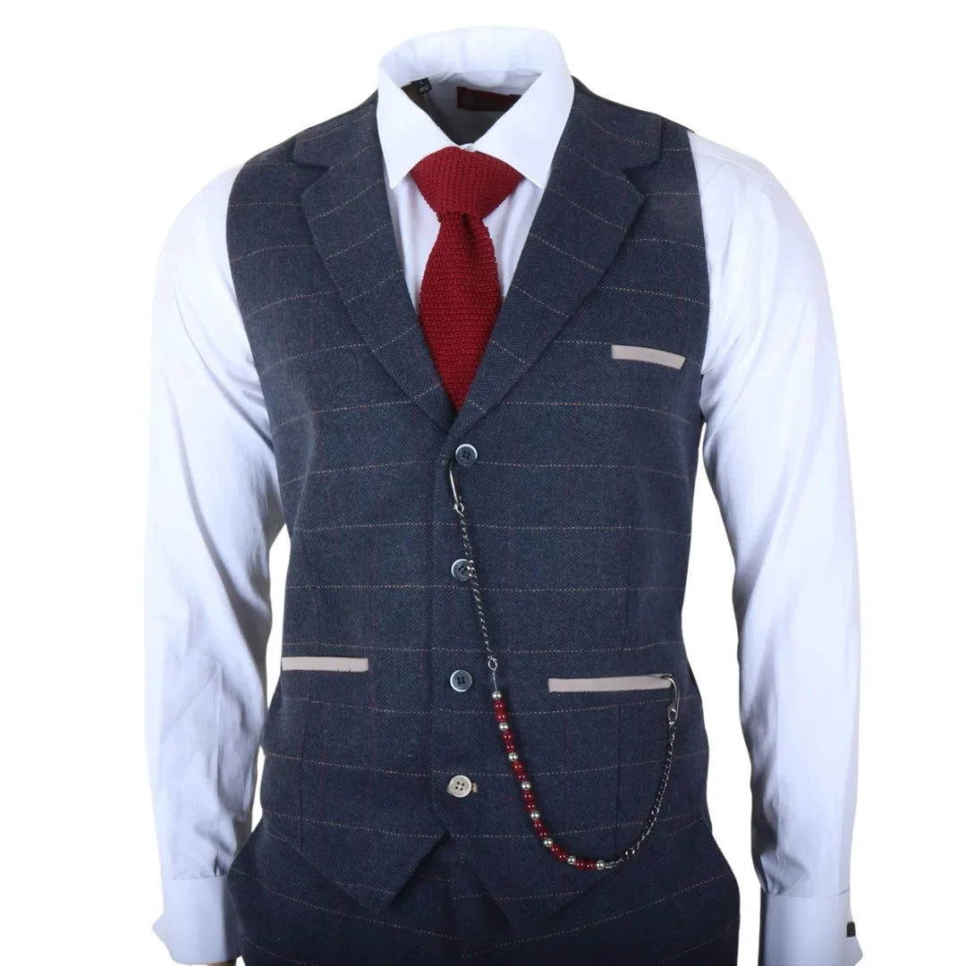 Men's Navy Blue 3 Piece Wool Blend Tweed Suit by TruClothing