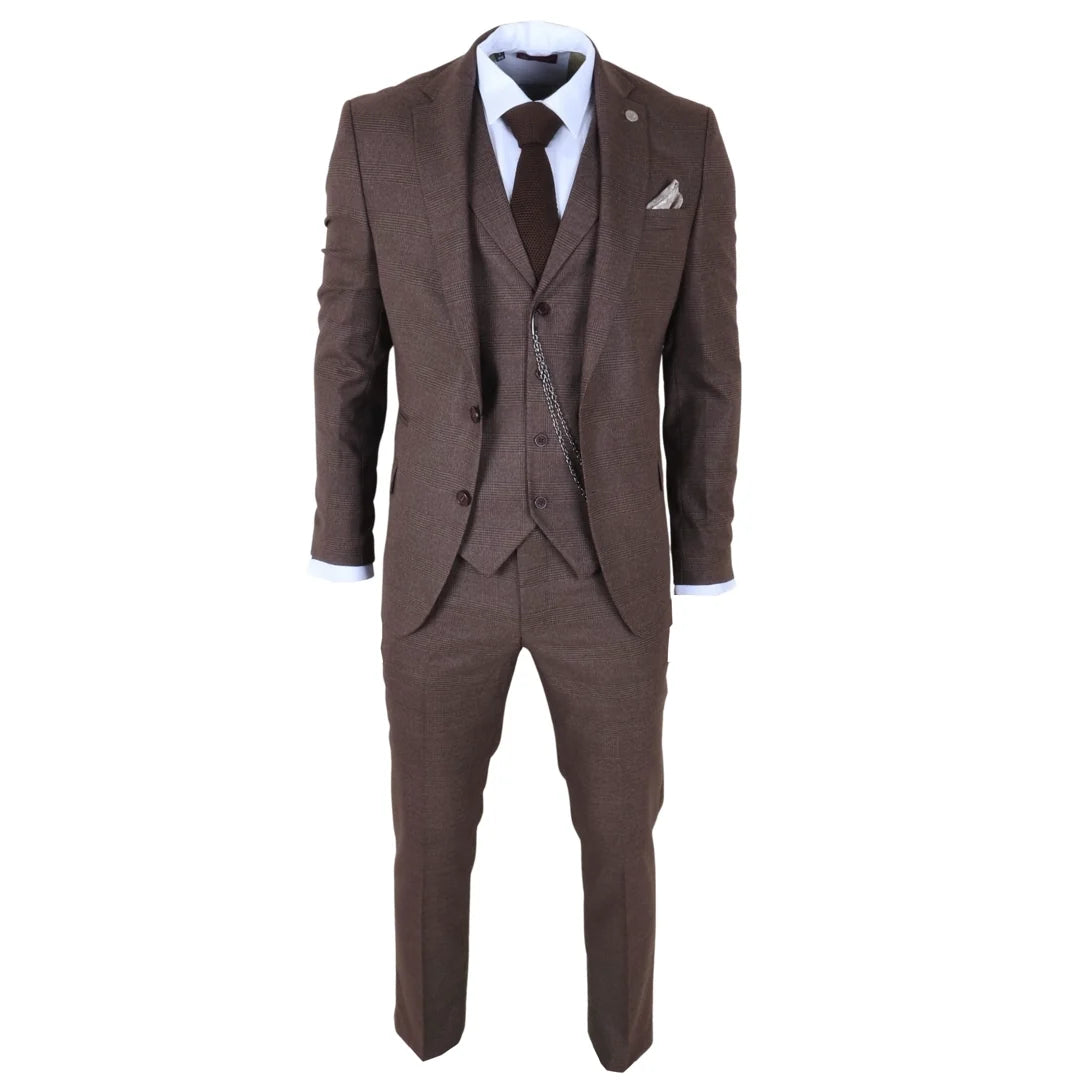 Men's Brown 3 Piece Prince of Wales Check Suit