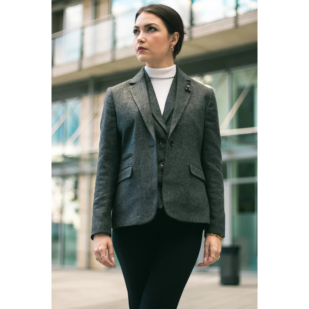 Women's Grey Herringbone Tweed Blazer, Waistcoat & Trousers Suit