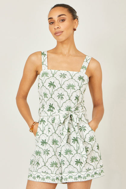 White Palm Print Cotton Playsuit close up pose