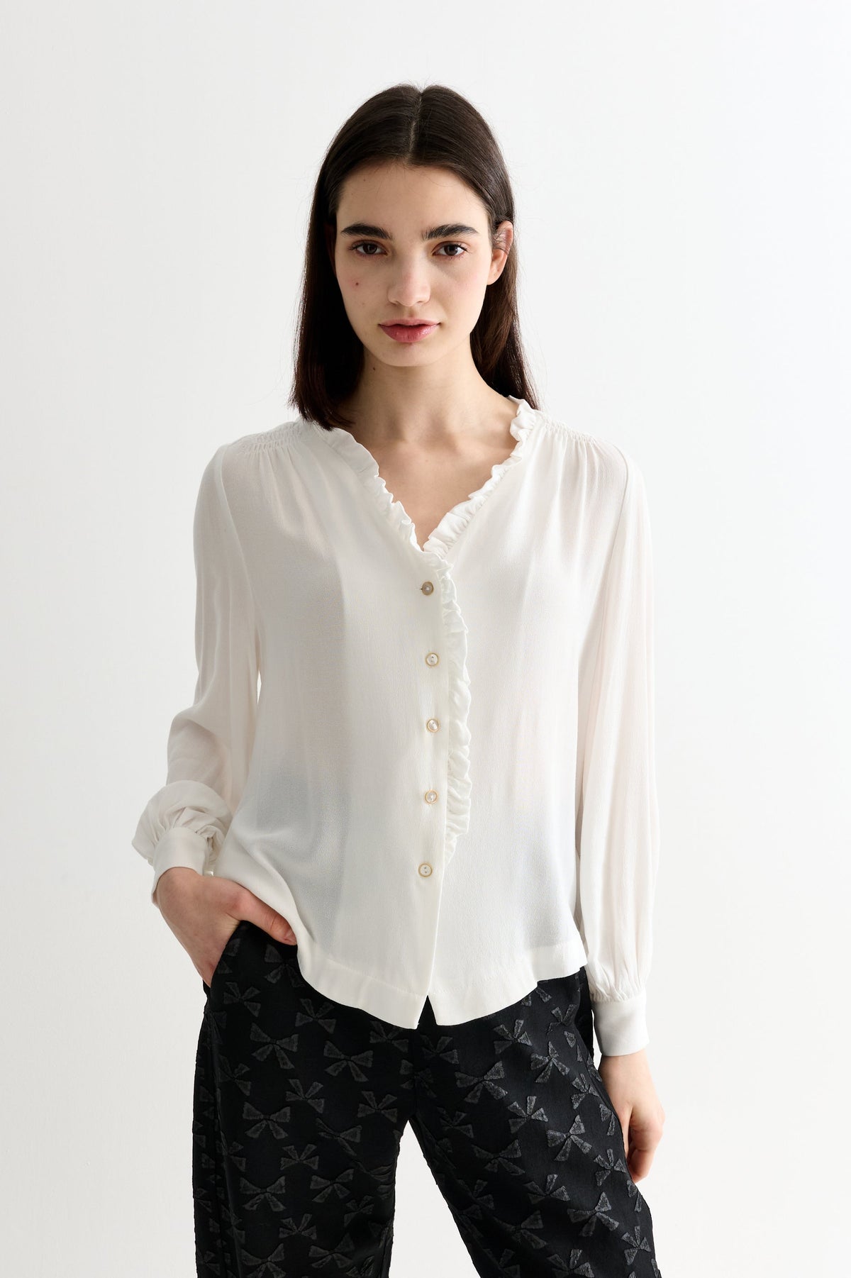 Alegra Moss Crepe Frill V-Neck Blouse - Bascora