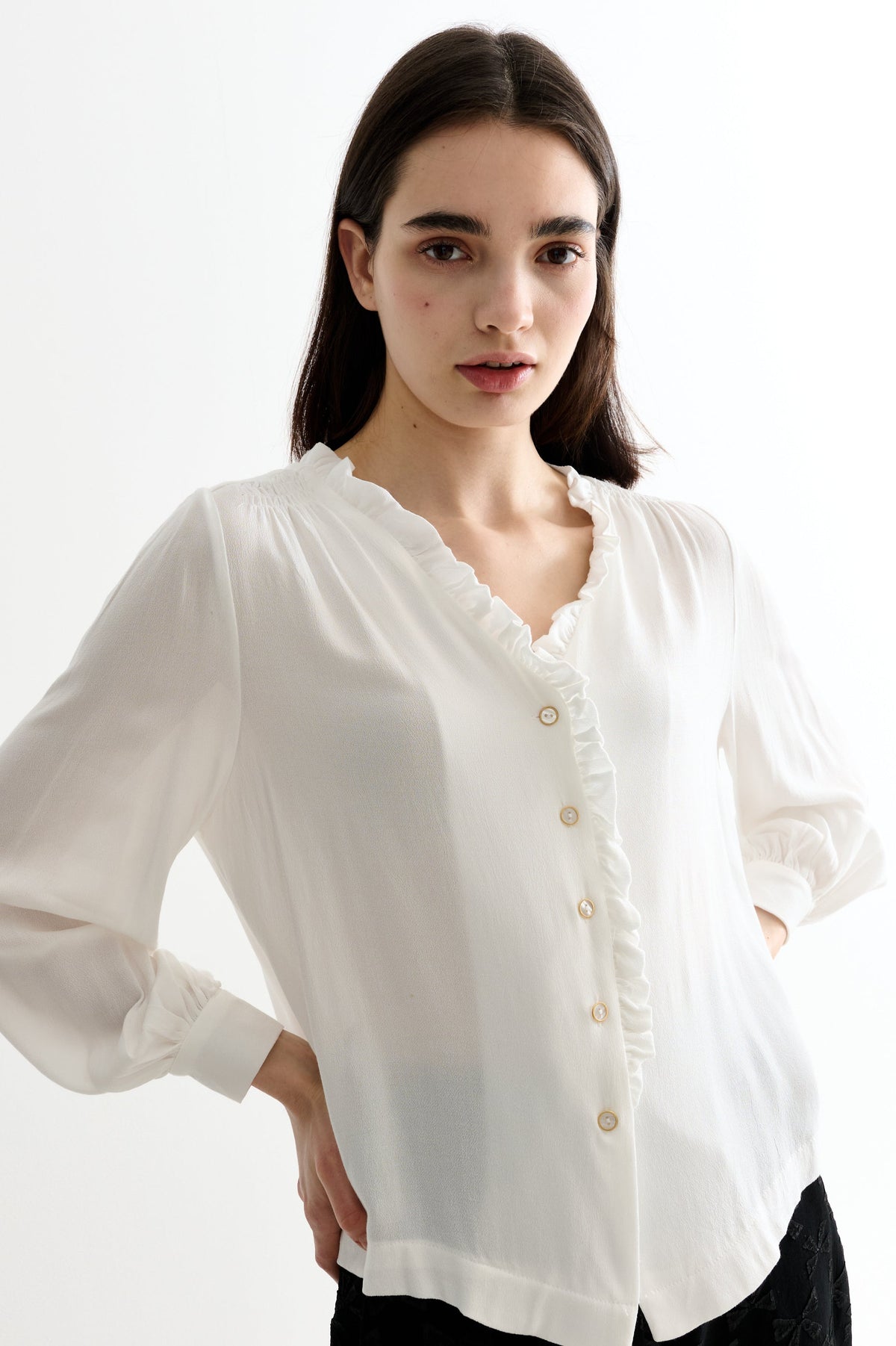 Alegra Moss Crepe Frill V-Neck Blouse - Bascora