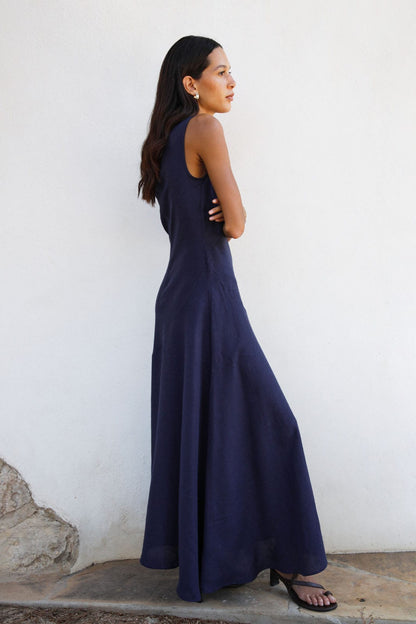 The Athena Maxi Dress in navy blue
