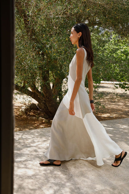 The Athena Maxi Dress in oatmeal and off-white
