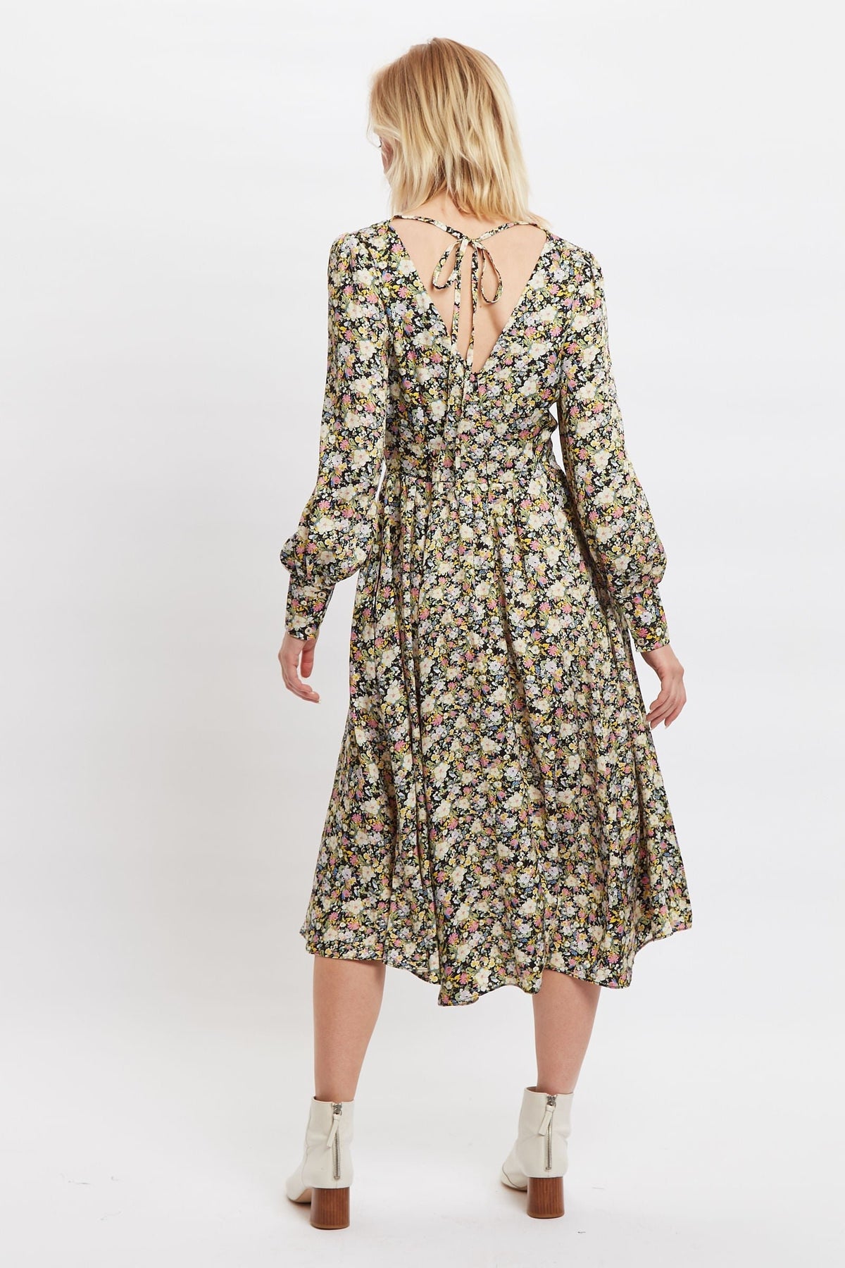 Arwen Petal Parade Print V Back Midi Dress - Bascora