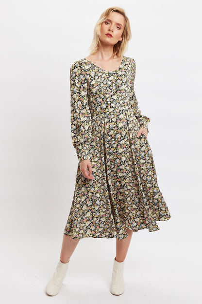 Arwen Petal Parade Print V Back Midi Dress - Bascora
