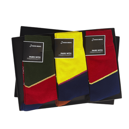 Asymmetric Color Block Socks Collection: 3 pairs Luxury Sock Gift Box - Bascora