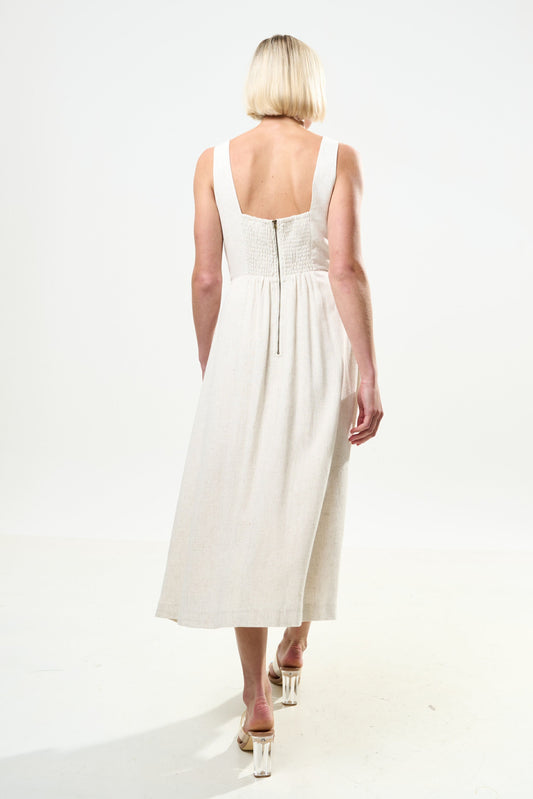 Baya Linen Mix Square Neck Midi Dress - Natural - Bascora