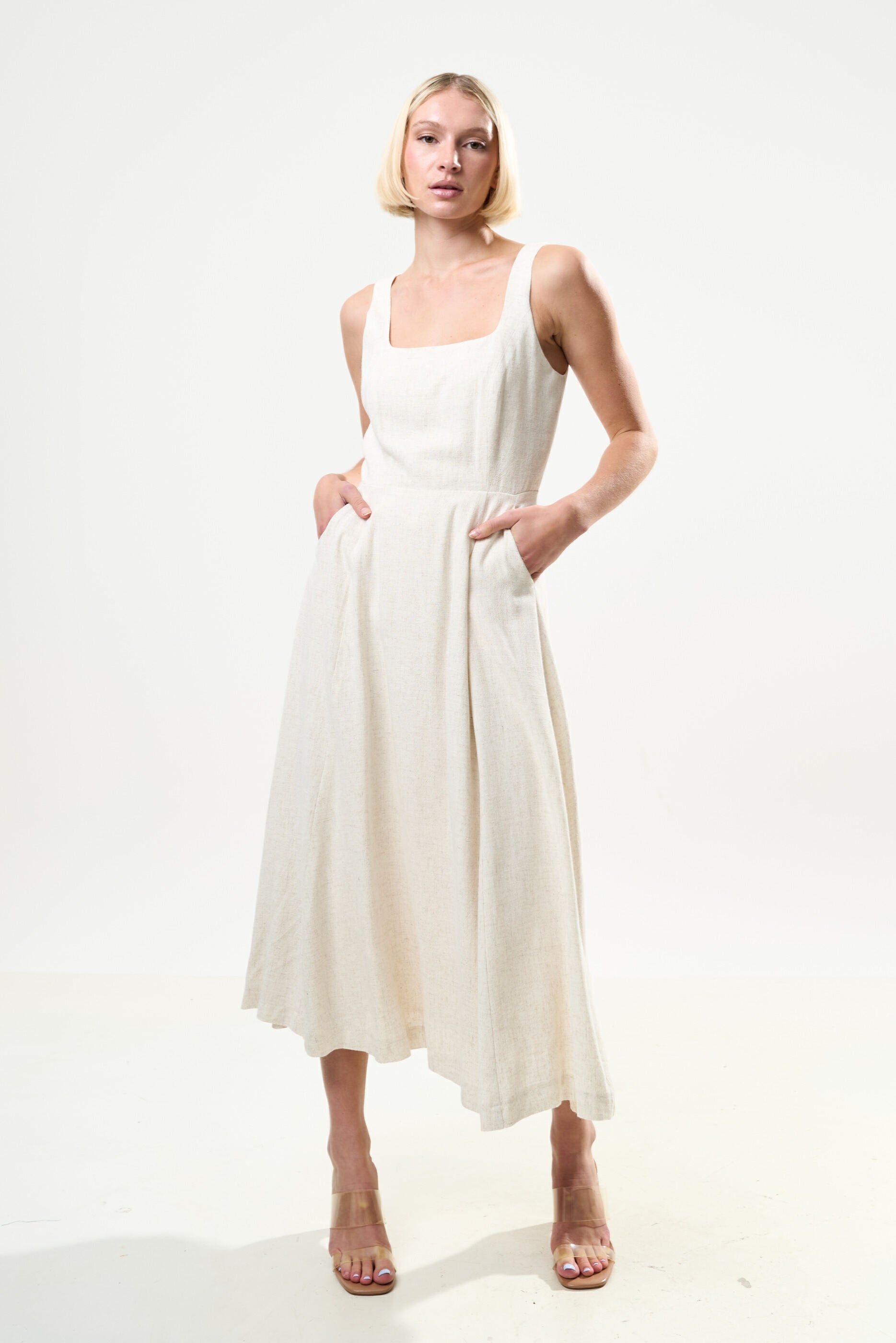 Baya Linen Mix Square Neck Midi Dress - Natural - Bascora