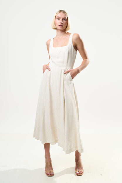 Baya Linen Mix Square Neck Midi Dress - Natural - Bascora