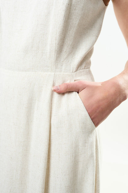 Baya Linen Mix Square Neck Midi Dress - Natural - Bascora