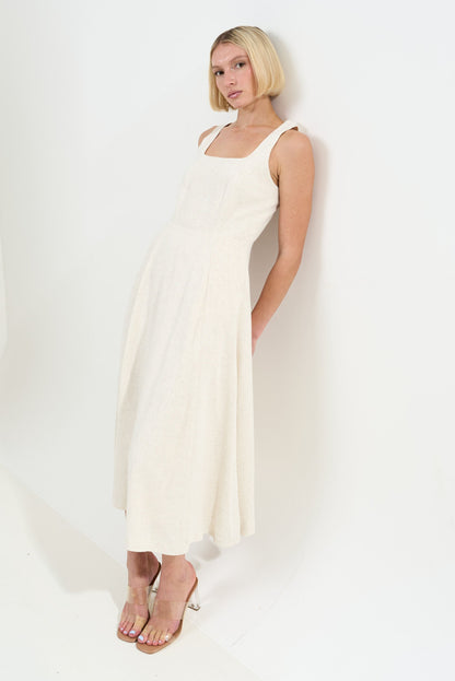 Baya Linen Mix Square Neck Midi Dress - Natural - Bascora