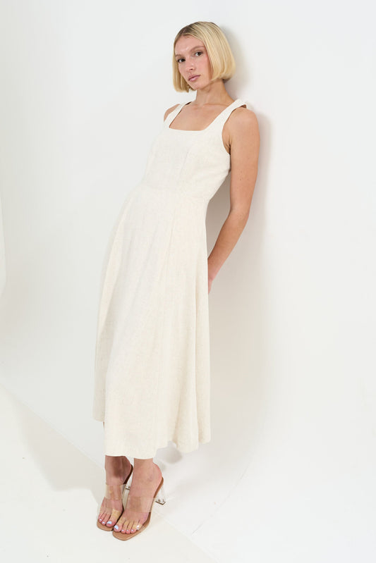 Baya Linen Mix Square Neck Midi Dress - Natural - Bascora