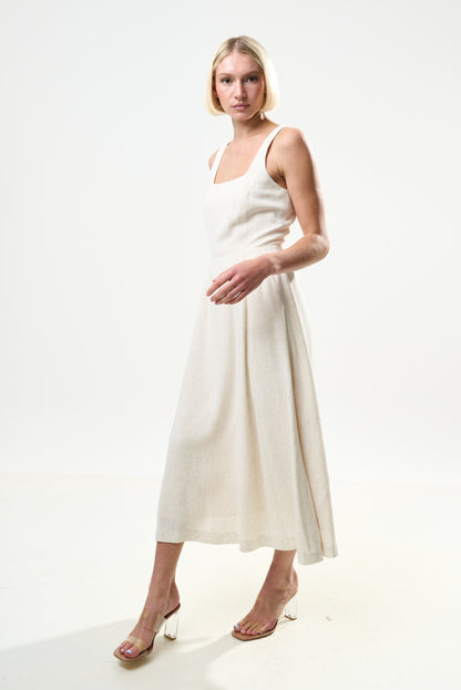 Baya Linen Mix Square Neck Midi Dress - Natural - Bascora