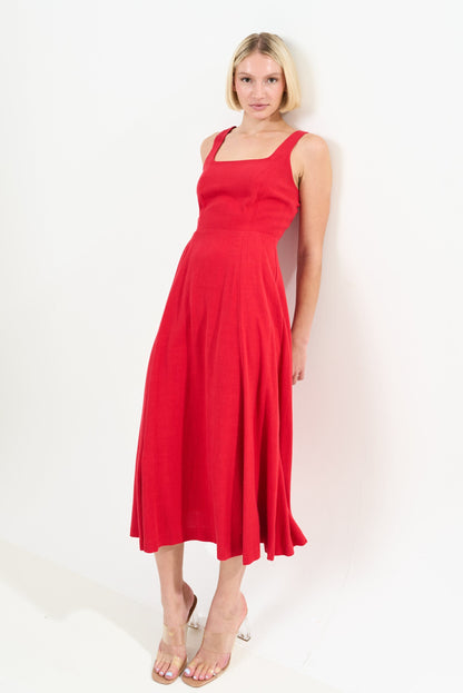 Baya Linen Mix Square Neck Midi Dress – Red - Bascora