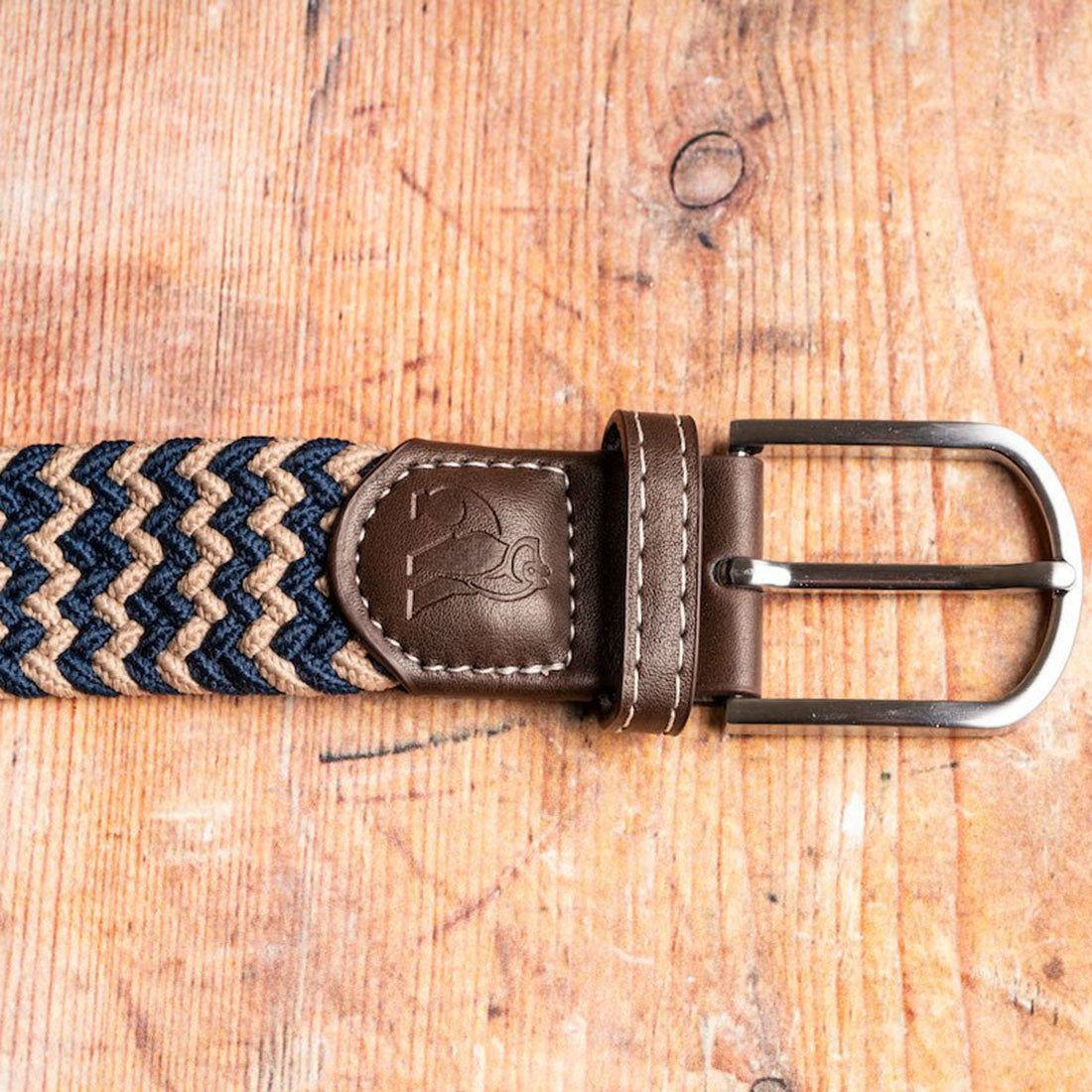 Swole Panda Recycled Woven Belt in Beige and Blue Zigzag