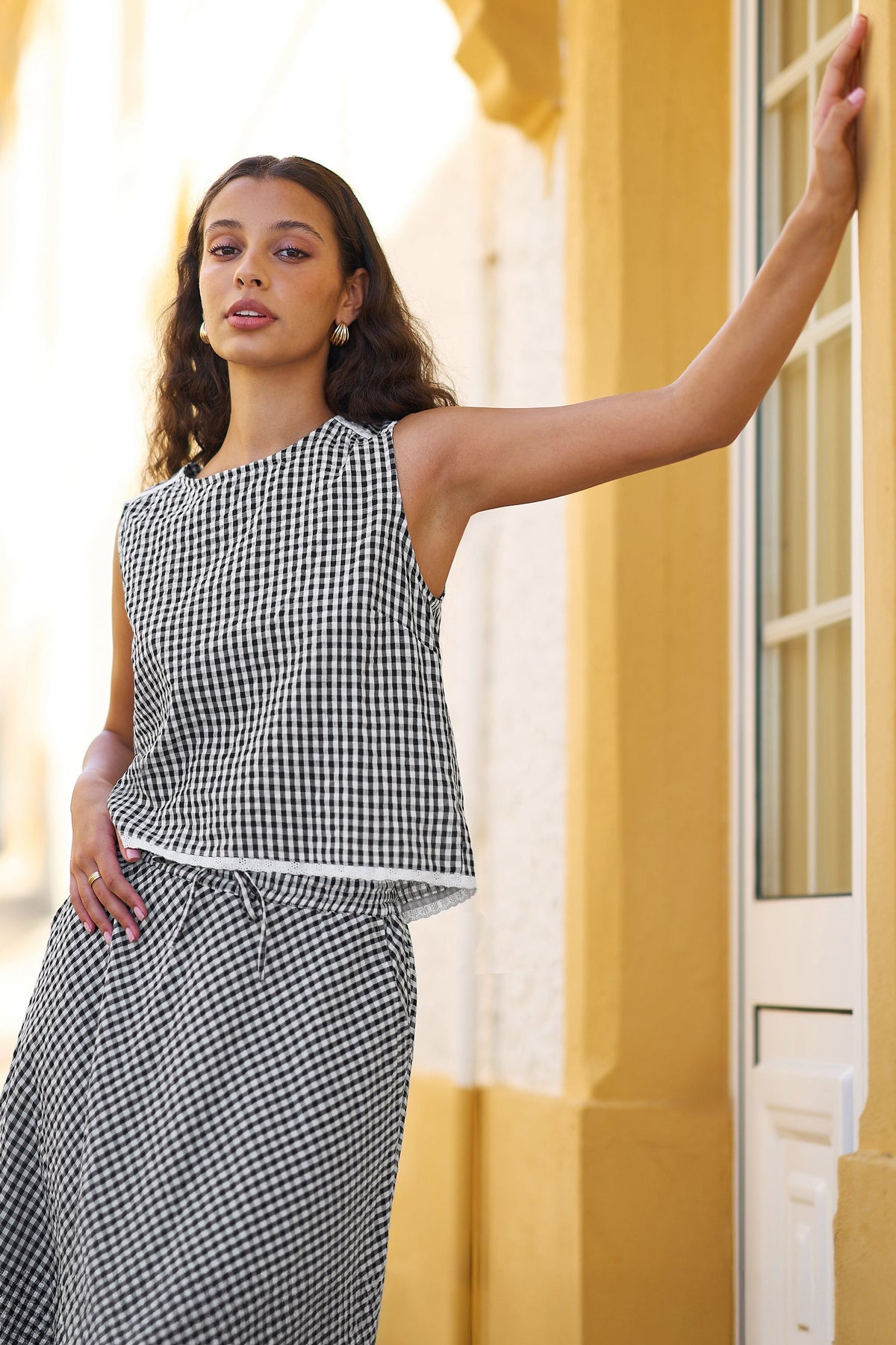 Black Gingham Cotton Midi Skirt - Bascora