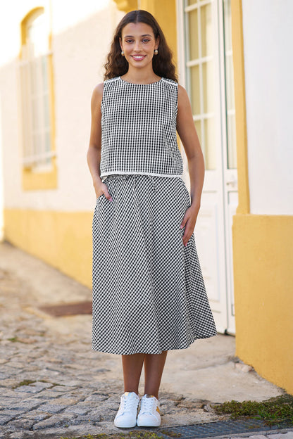 Black Gingham Cotton Top With Lace Trims - Bascora