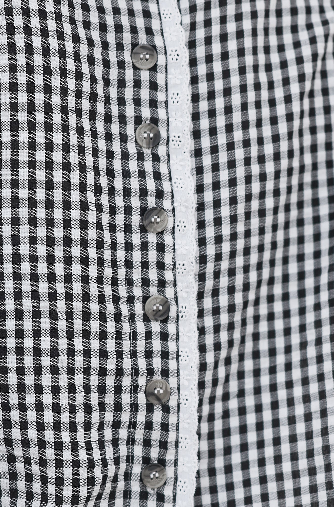 Black Gingham Cotton Top With Lace Trims - Bascora