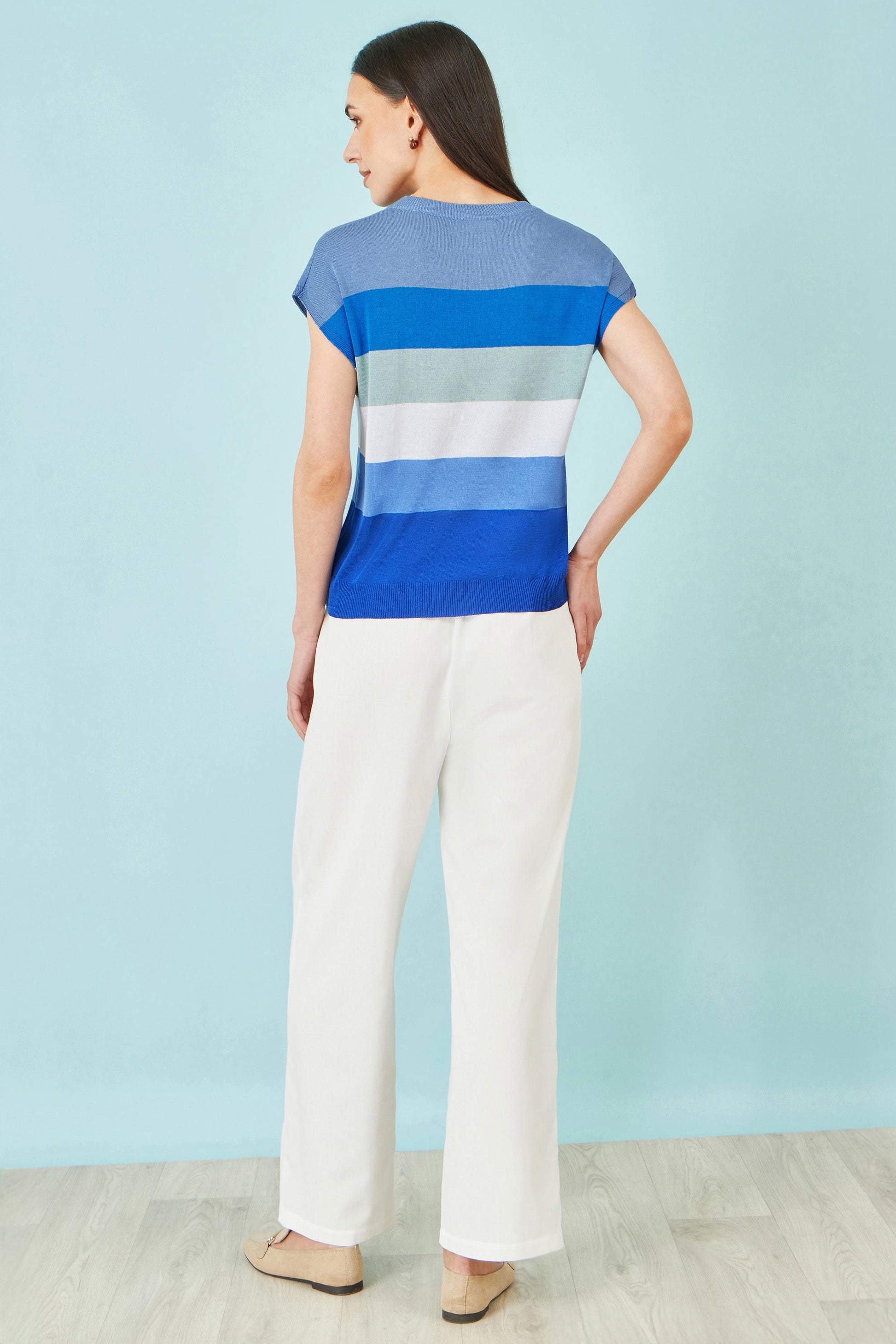 Blue Block Stripe Relaxed Knitted Top - Bascora
