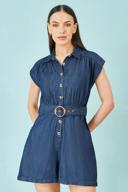 Blue Chambray Cotton Playsuit - Bascora