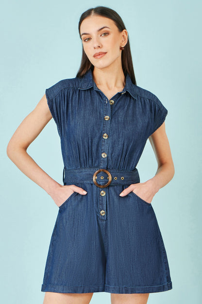 Blue Chambray Cotton Playsuit - Bascora