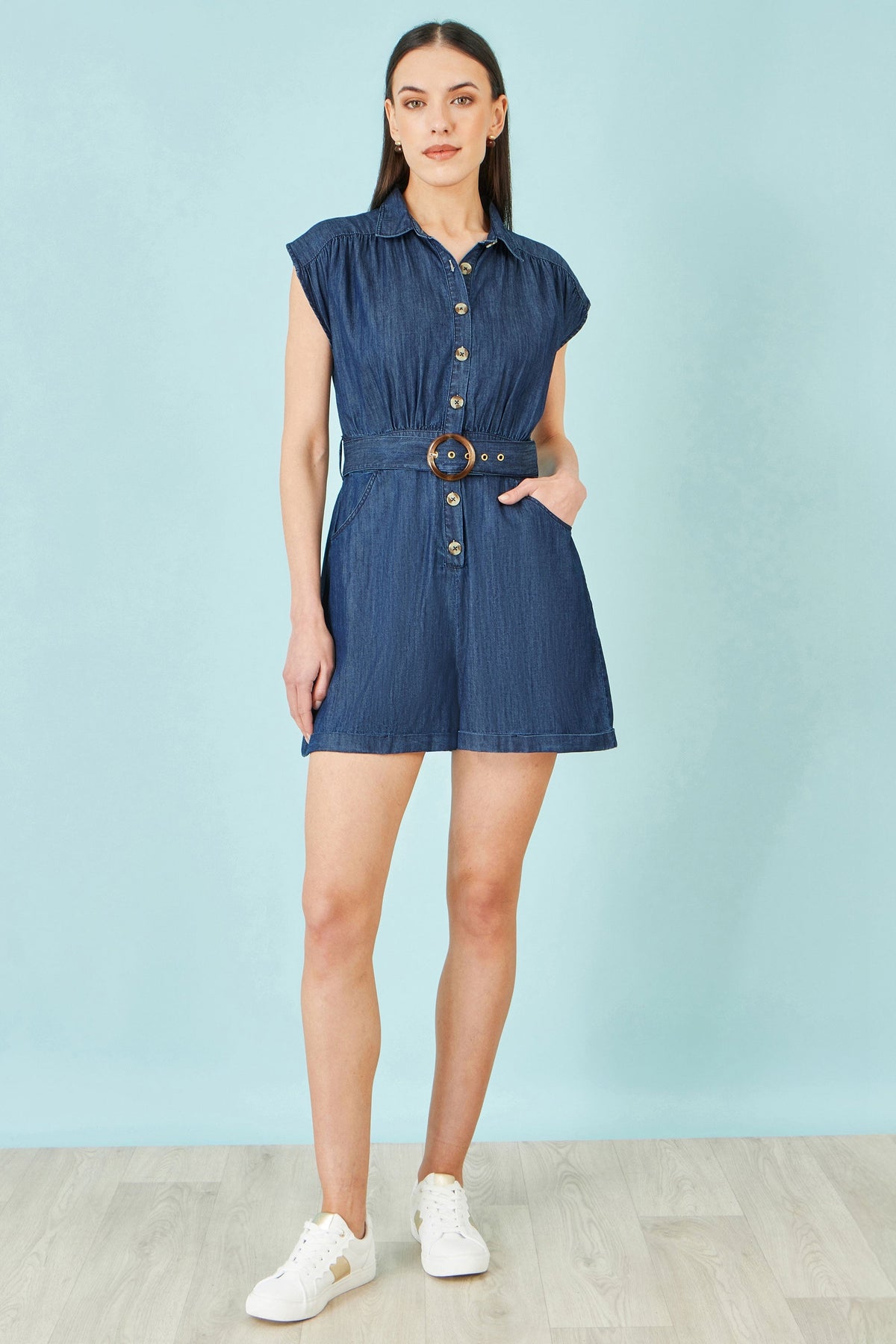 Blue Chambray Cotton Playsuit - Bascora
