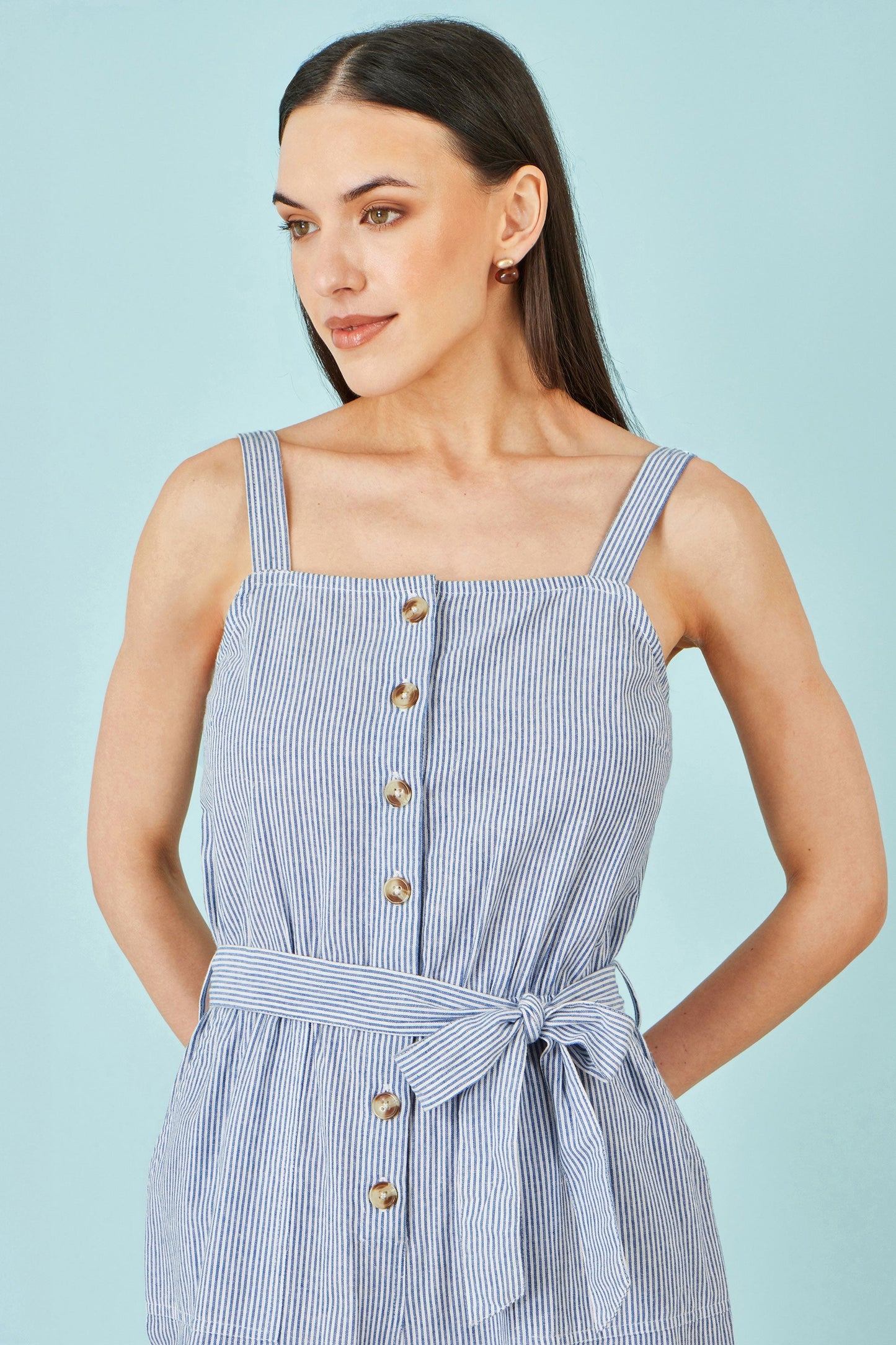Blue Cotton Stripe Button Through Jumpsuit - Bascora