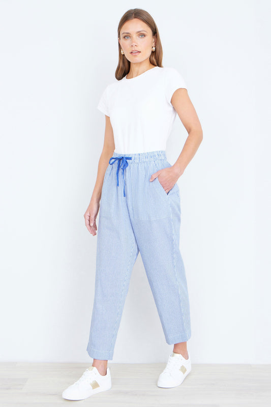 Blue Cotton Stripe Cropped Trousers - Bascora