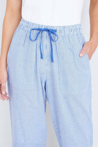 Blue Cotton Stripe Cropped Trousers - Bascora