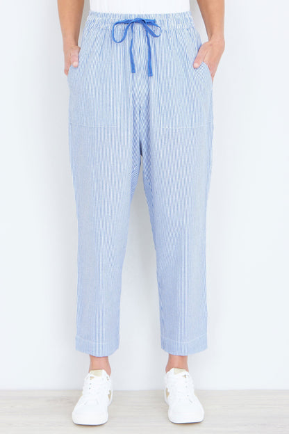 Blue Cotton Stripe Cropped Trousers - Bascora