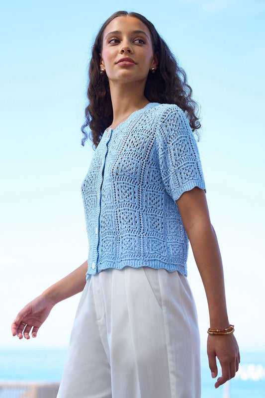 Blue Crochet Short Sleeve Cardigan - Bascora
