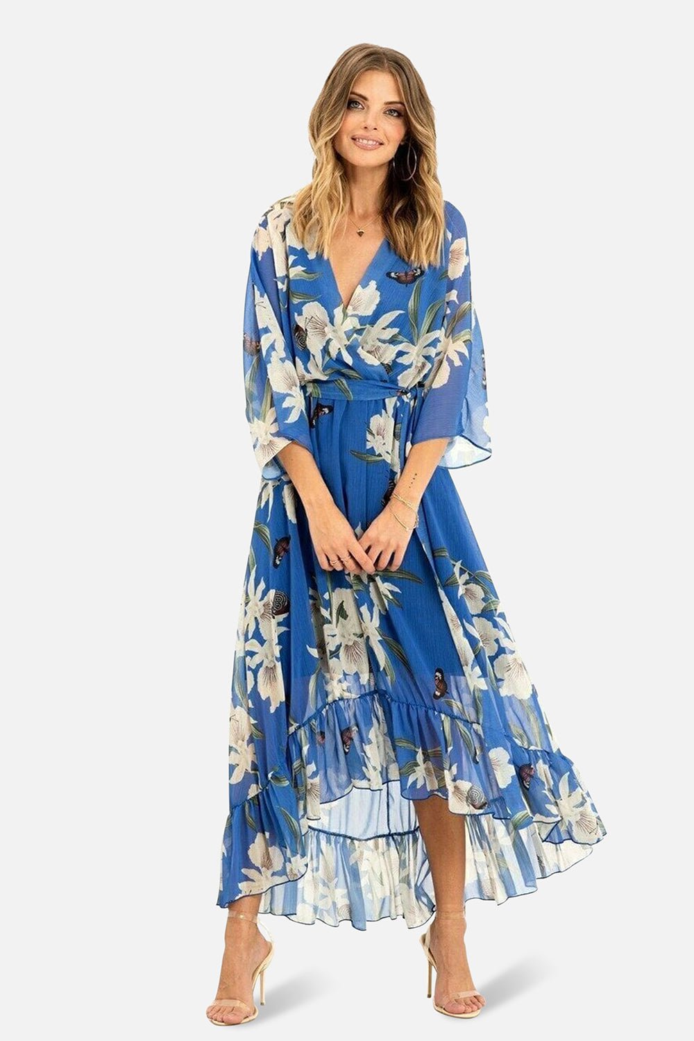 Blue Floral Kimono Sleeves Dip Hem Wrap Midi Dress - Bascora