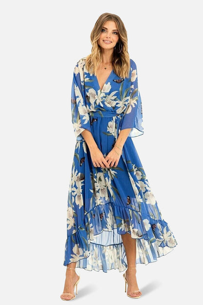 Blue Floral Kimono Sleeves Dip Hem Wrap Midi Dress - Bascora