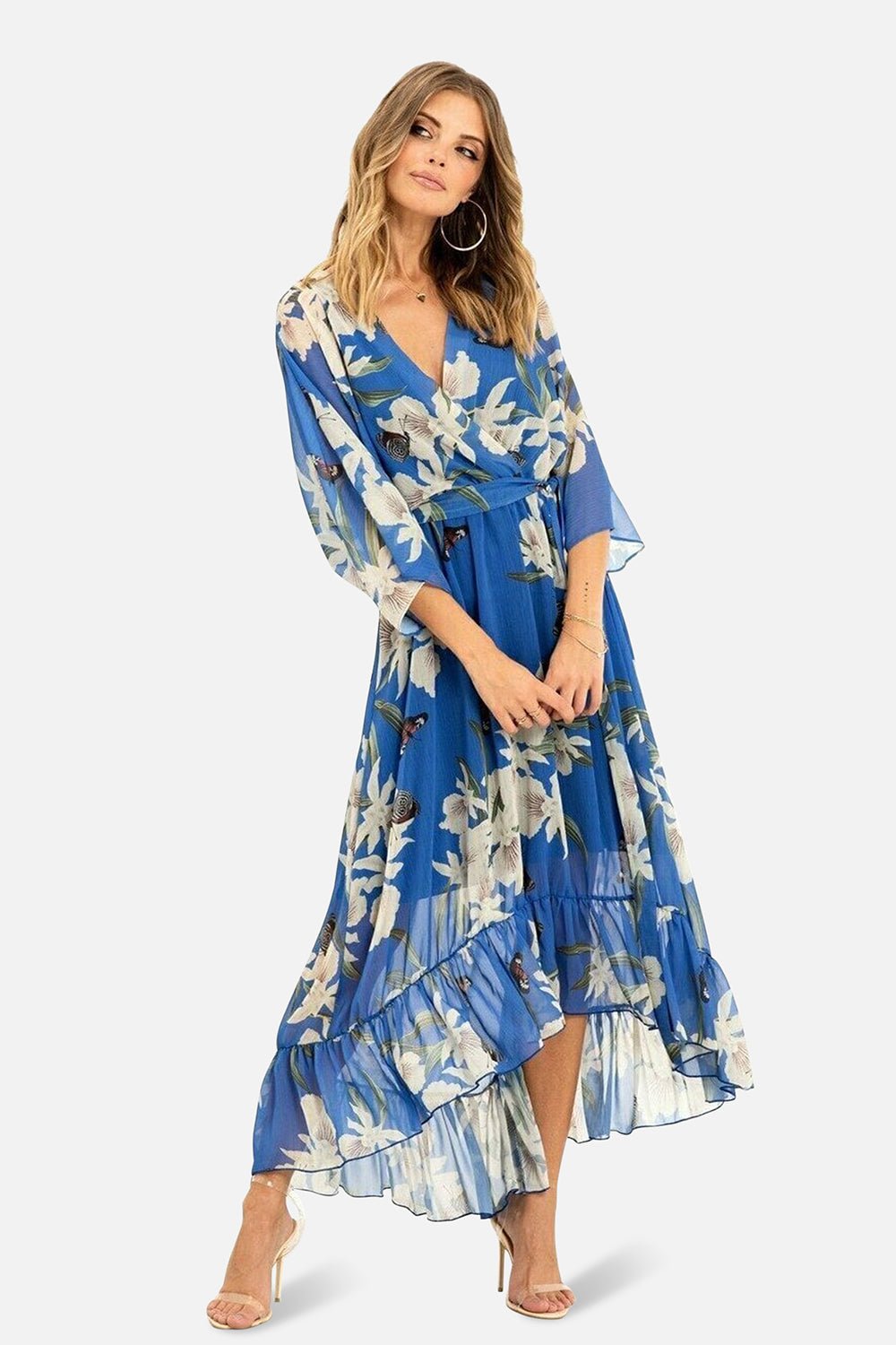 Blue Floral Kimono Sleeves Dip Hem Wrap Midi Dress - Bascora