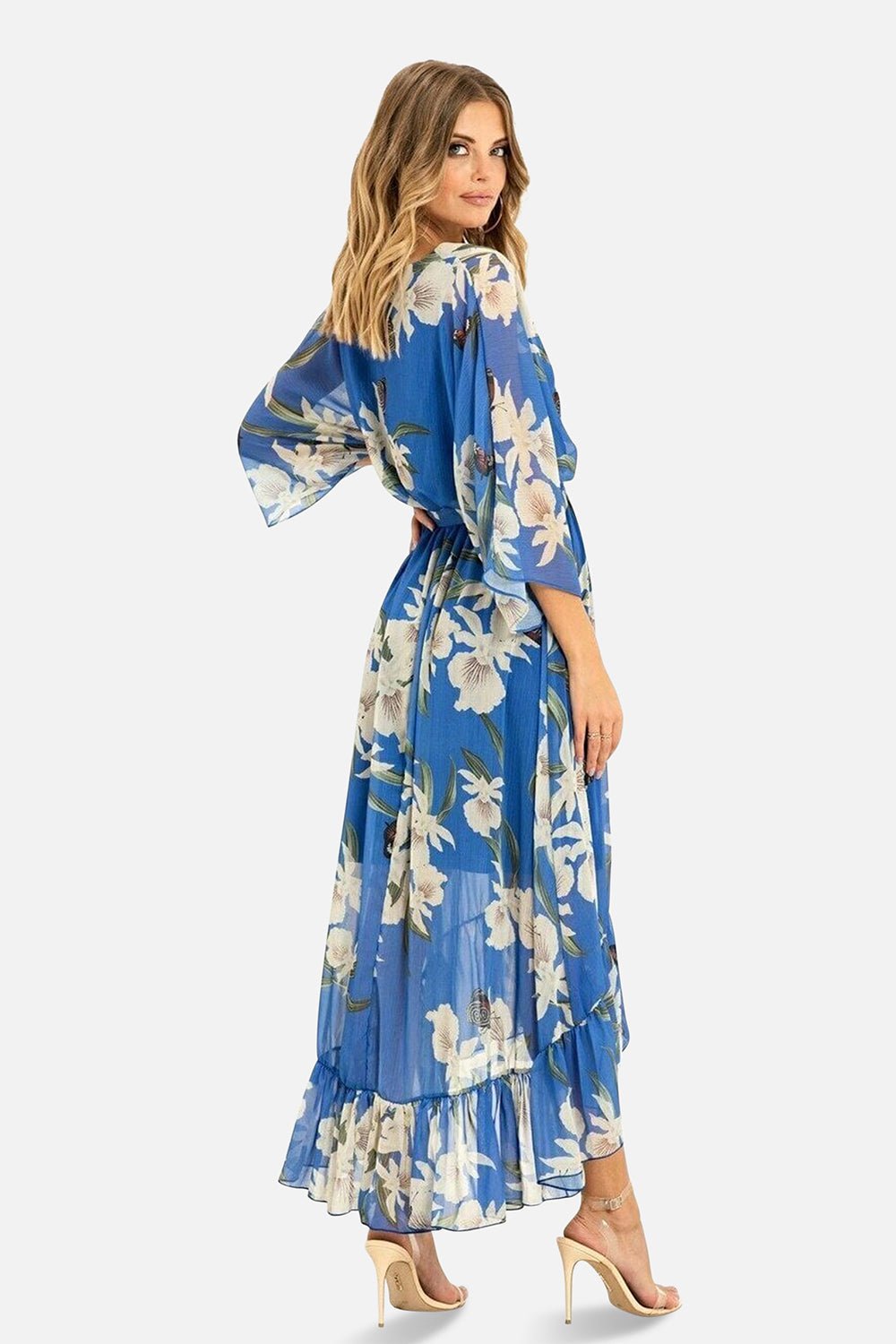 Blue Floral Kimono Sleeves Dip Hem Wrap Midi Dress - Bascora