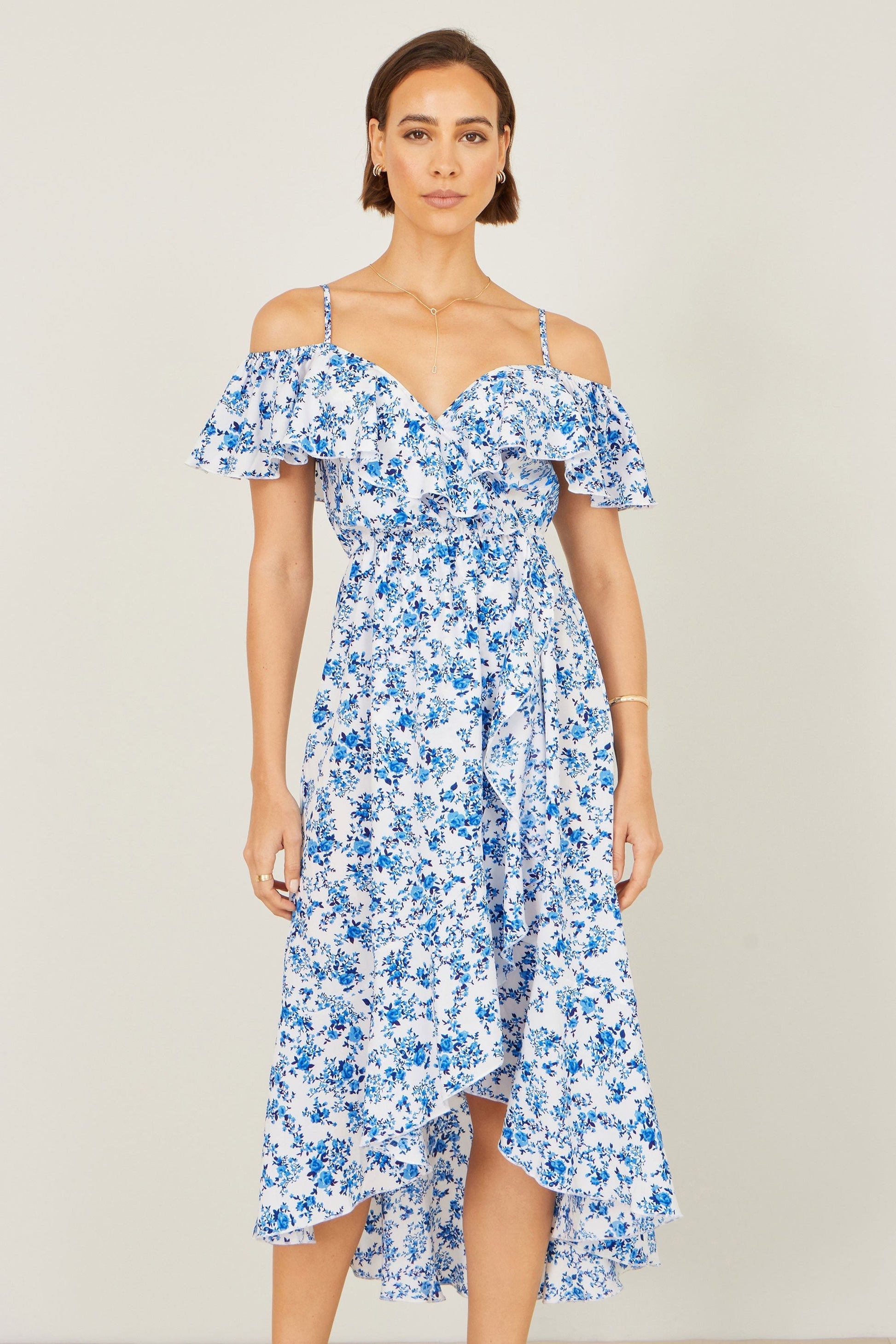 Blue Floral Print Bardot Midi Dress With Dip Hem - Bascora