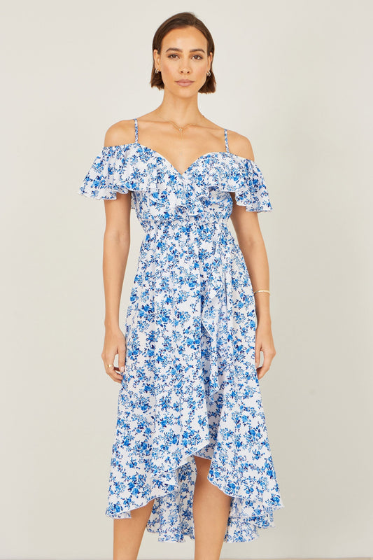 Blue Floral Print Bardot Midi Dress With Dip Hem - Bascora