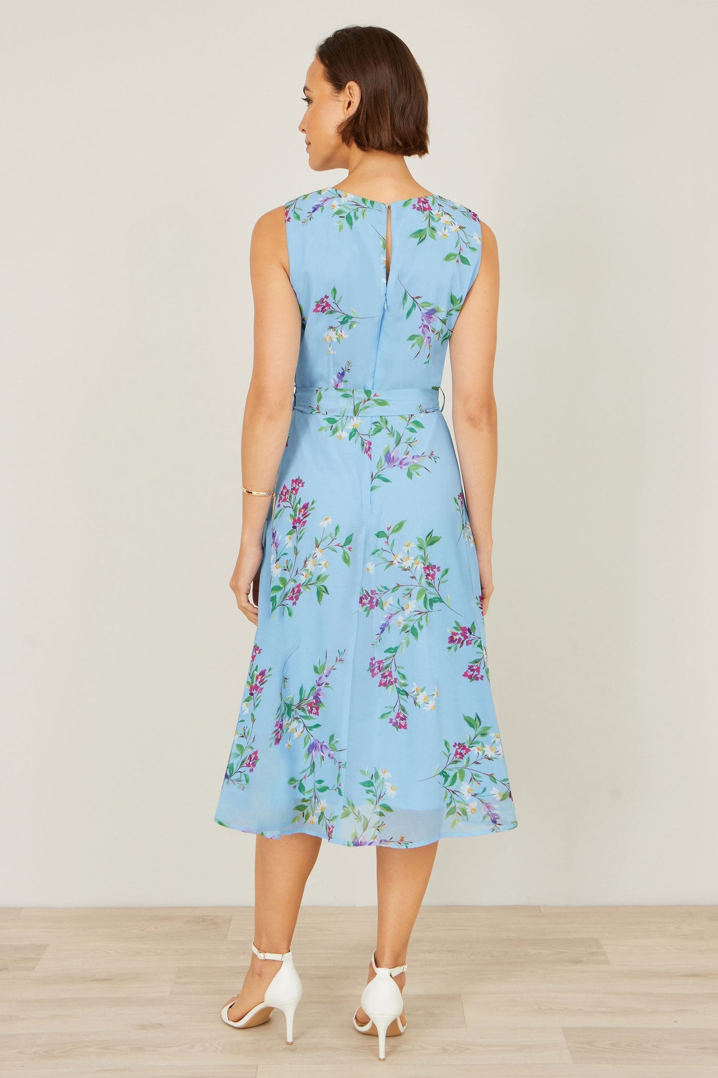 Blue Floral Print Midi Skater Dress - Bascora