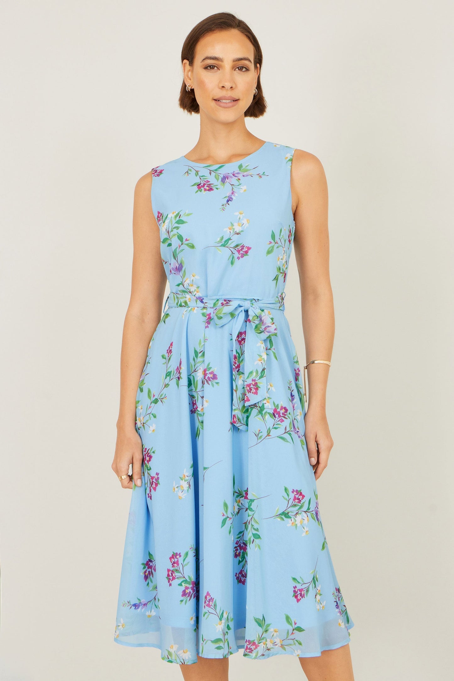 Blue Floral Print Midi Skater Dress - Bascora