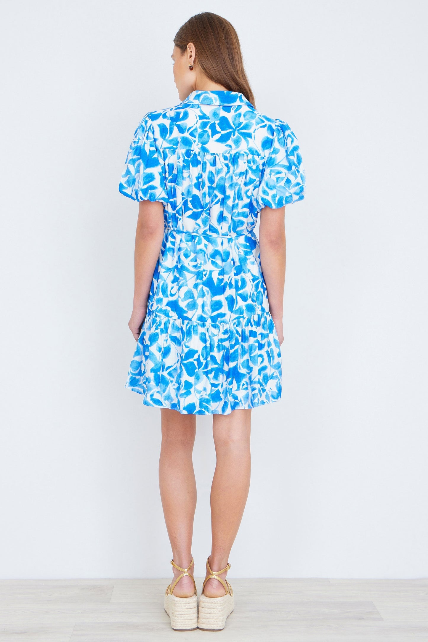Blue Floral Print Viscose Relaxed Shirt Dress - Bascora
