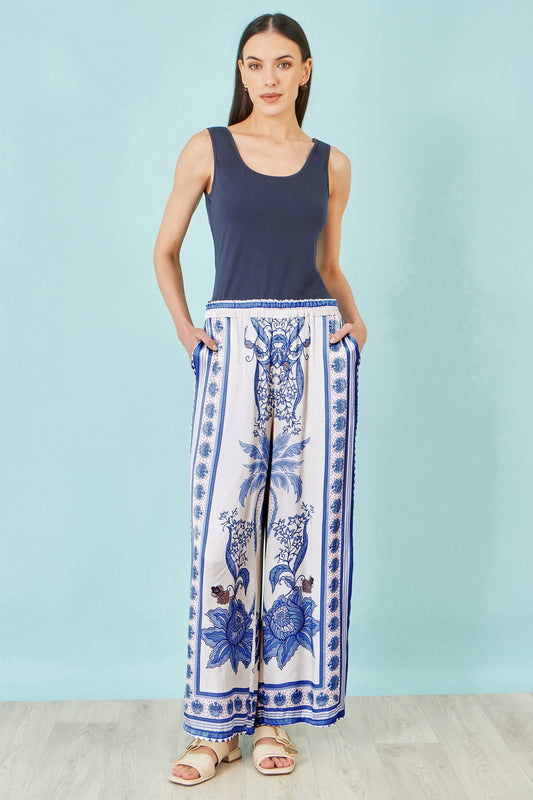 Blue Satin Print Placement Relaxed Trousers - Bascora