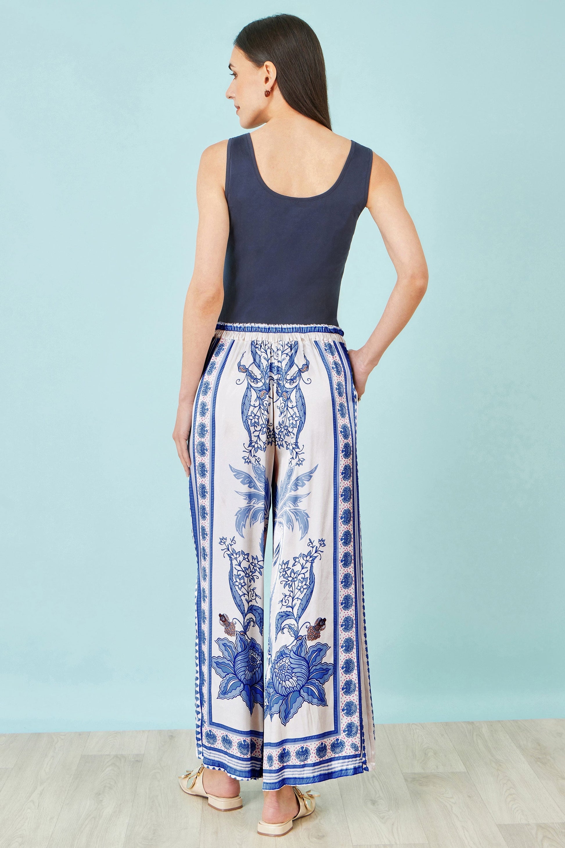Blue Satin Print Placement Relaxed Trousers - Bascora