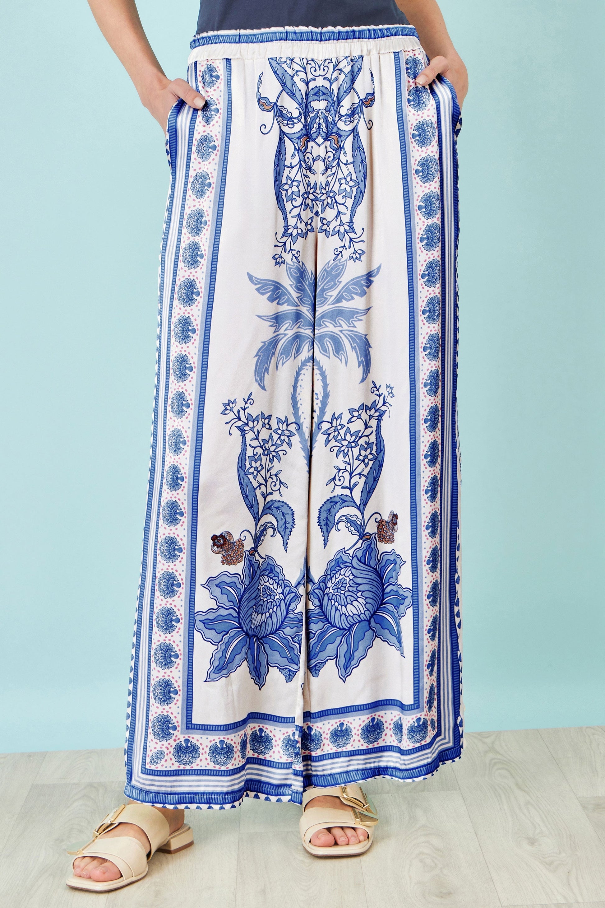 Blue Satin Print Placement Relaxed Trousers - Bascora