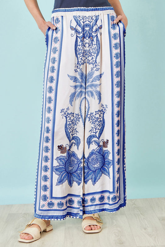 Blue Satin Print Placement Relaxed Trousers - Bascora